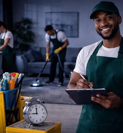 cleaning staff with equipment in workplace