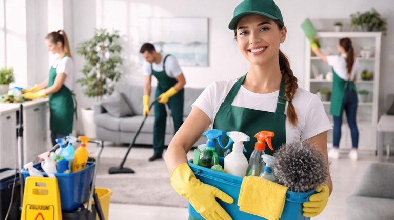 emale cleaner holding cleaning products with team working
