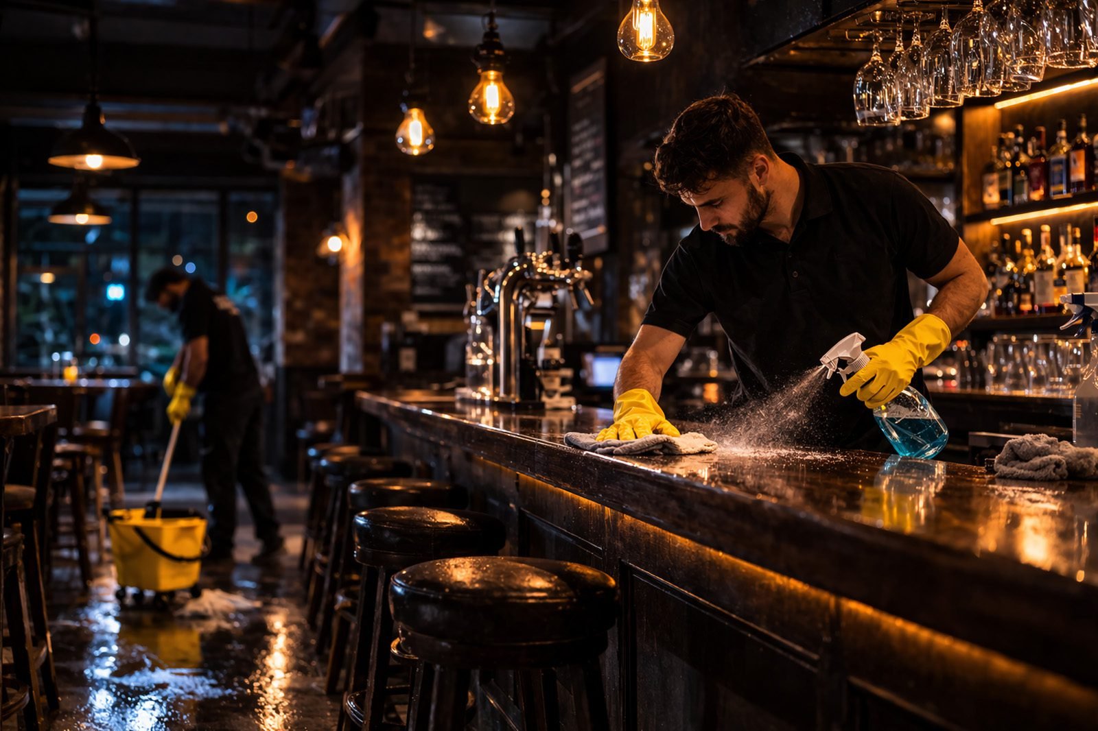 Pub & hospitality cleaning services team cleaning bar