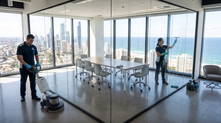 A clean, modern Gold Coast office conference room overlooking the Surfers Paradise skyline, showing a happy business team enjoying a pristine, professionally cleaned workspace