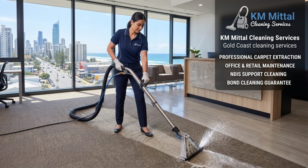Commercial Gold Coast cleaning services sanitizing a modern office space.