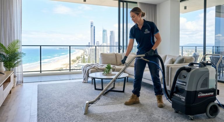 Professional carpet cleaning services being performed in a high-rise oceanfront apartment. A uniformed cleaner uses a powerful steam cleaner on an area rug, with a beautiful beach and city skyline view visible outside.