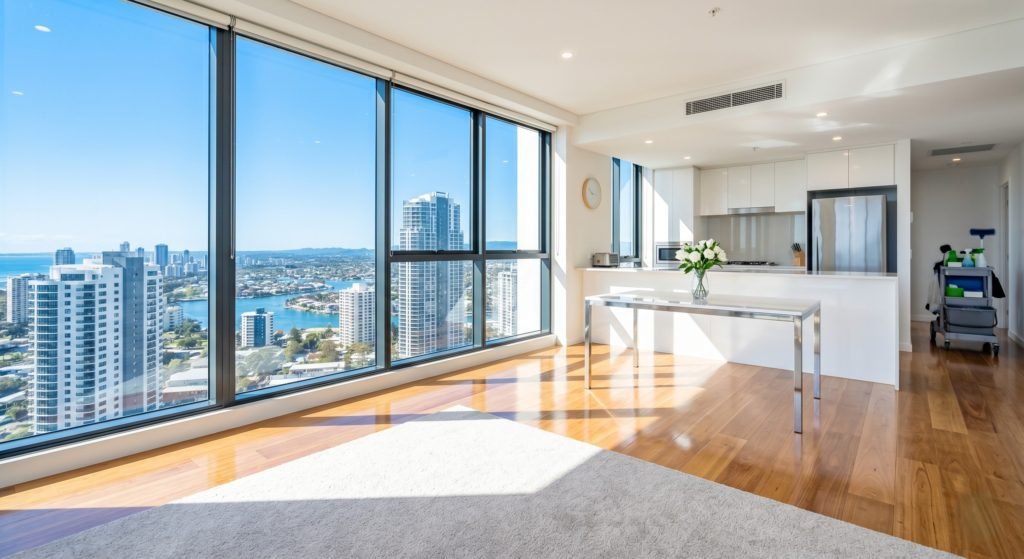 A pristine, professionally cleaned open-plan living room and kitchen featuring gleaming hardwood floors, a freshly cleaned white rug, and a stunning Gold Coast skyline view.