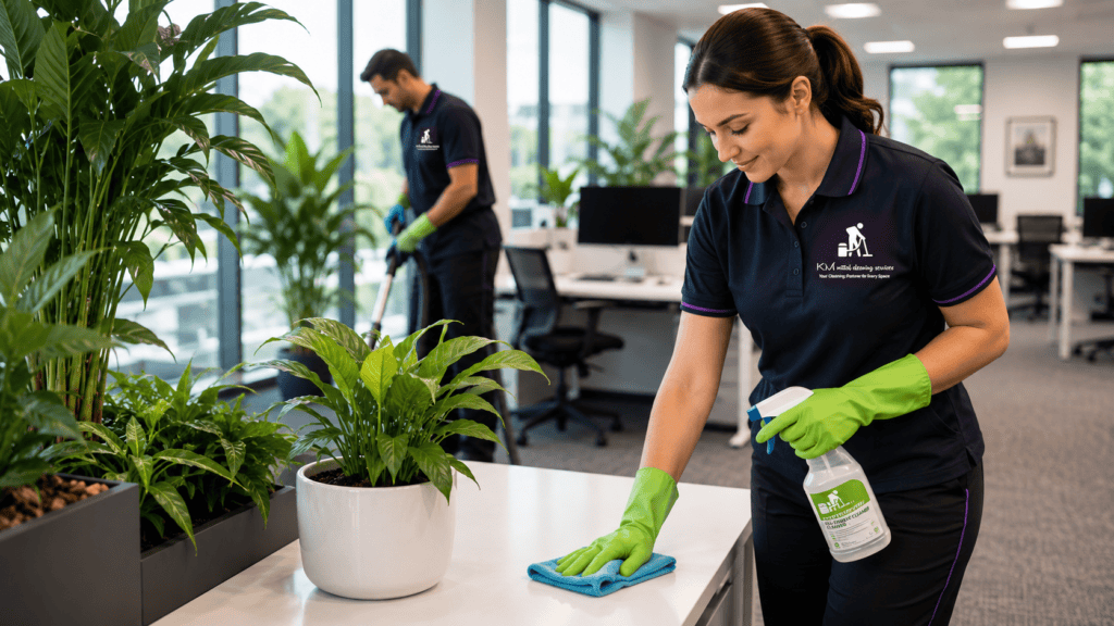 Professional office cleaning Gold Coast team cleaning a modern office with healthy indoor plants