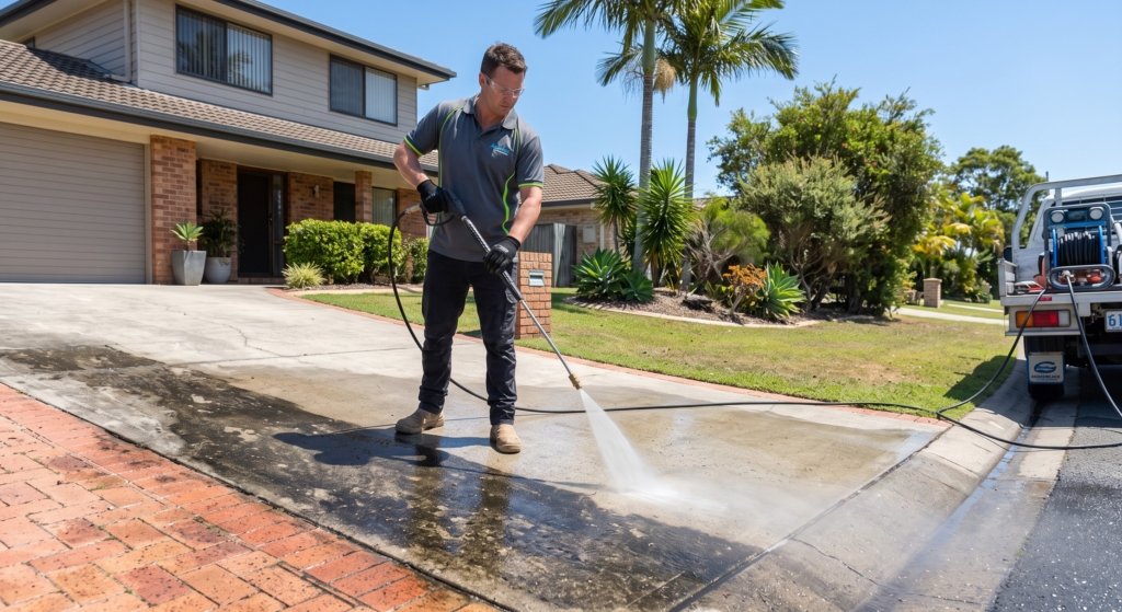 A beautifully washed driveway and exterior detailed by professional pressure cleaning Gold Coast experts