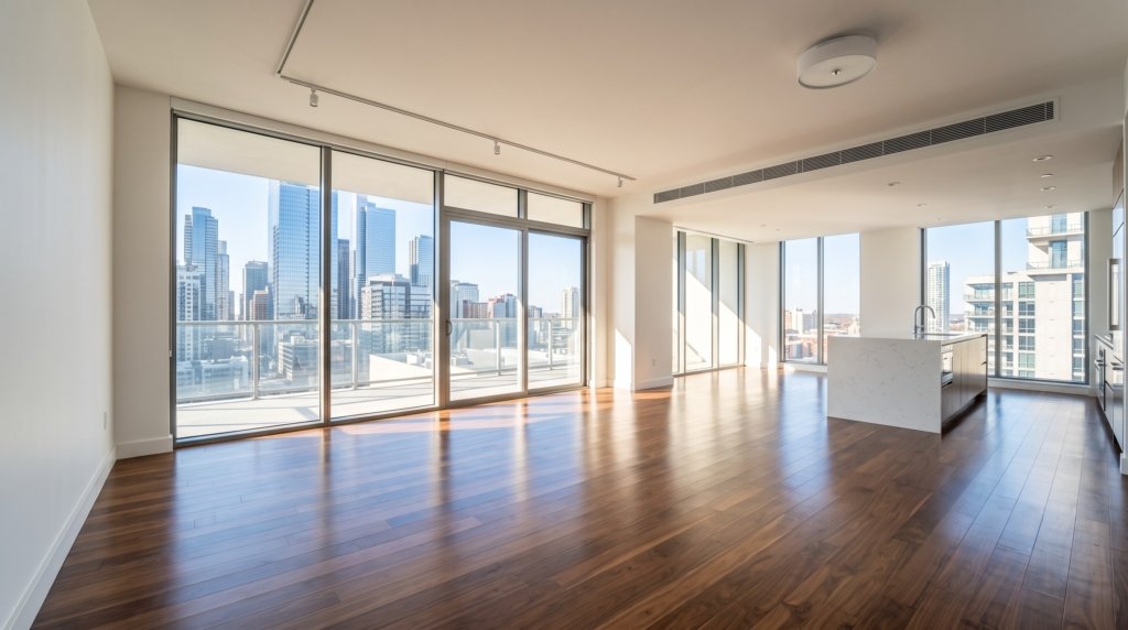 An empty, perfectly polished modern apartment interior ready for inspection after premium bond cleaning services QLD