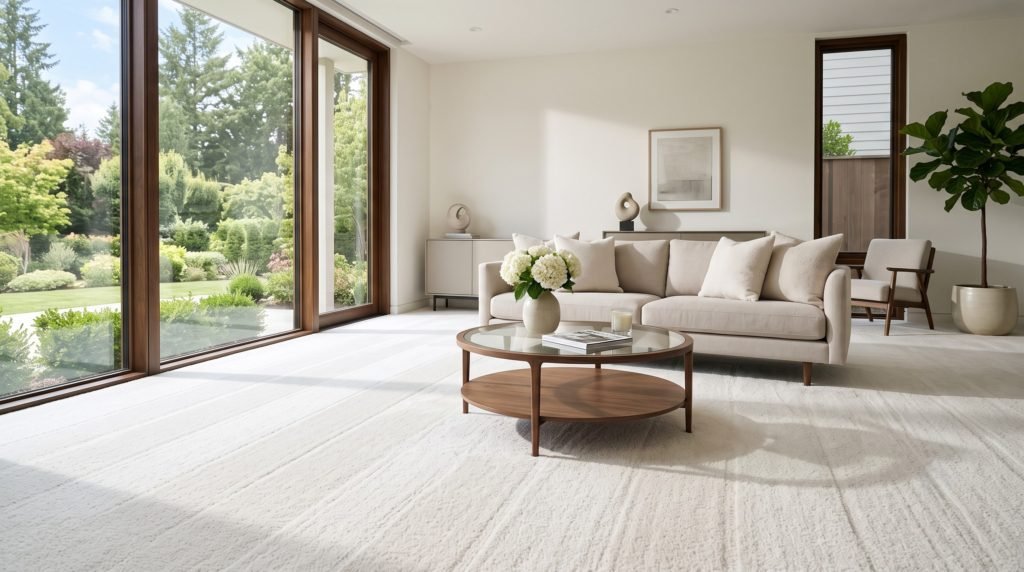 A flawlessly clean, plush, and perfectly groomed carpet in a modern living room detailed by carpet cleaning services QLD experts
