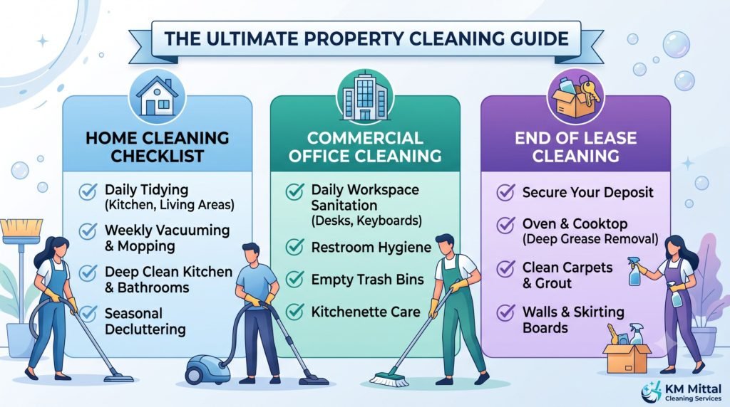 A modern infographic illustrating the Ultimate Property Cleaning Guide, divided into three sections: Home Cleaning Checklist (daily/weekly tasks like vacuuming and tidying), Commercial Office Cleaning (workspace sanitation, restrooms), and End of Lease Cleaning (securing deposit, deep oven clean). It features icons, checkmarks, and illustrative cleaning figures.