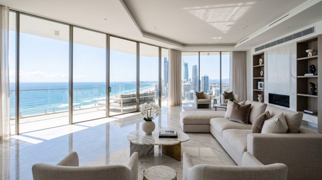 Pristine modern living room maintained by expert luxury cleaners Gold Coast