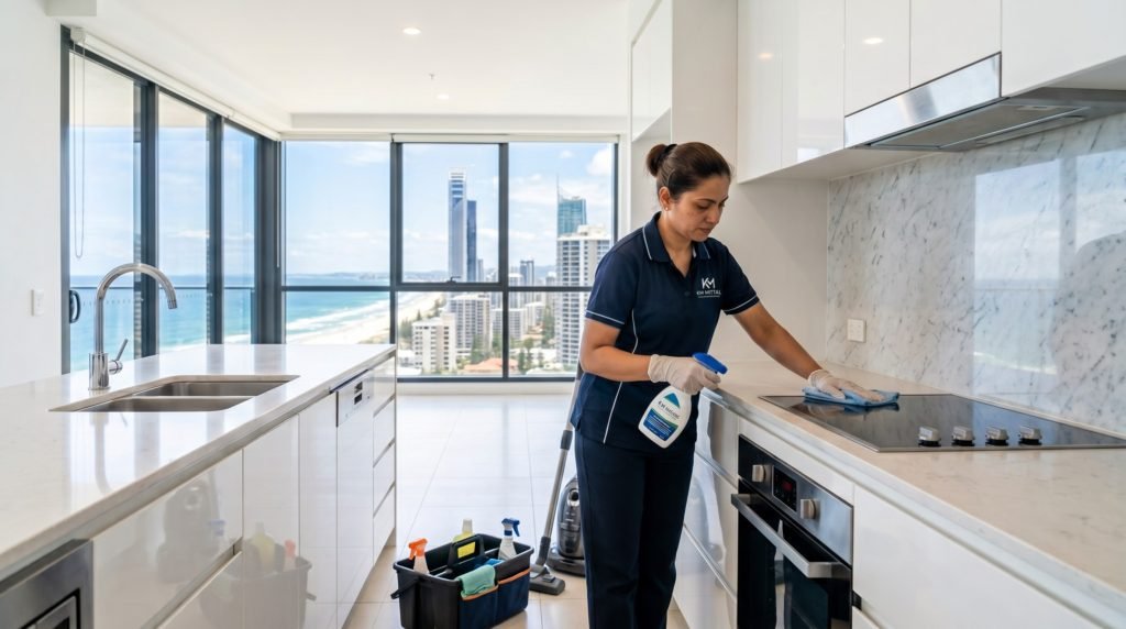KM Mittal professional cleaner performing a bond clean in a high-rise Gold Coast apartment.