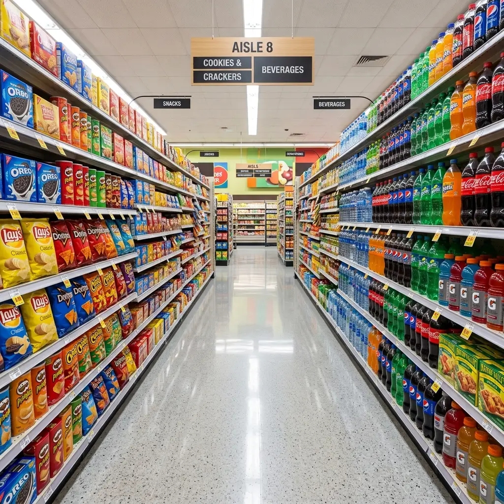 Supermarket aisle with products