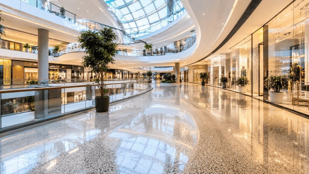 A flawlessly clean, bright, and highly polished modern shopping centre concourse maintained by shopping centre cleaning Gold Coast and Brisbane experts
