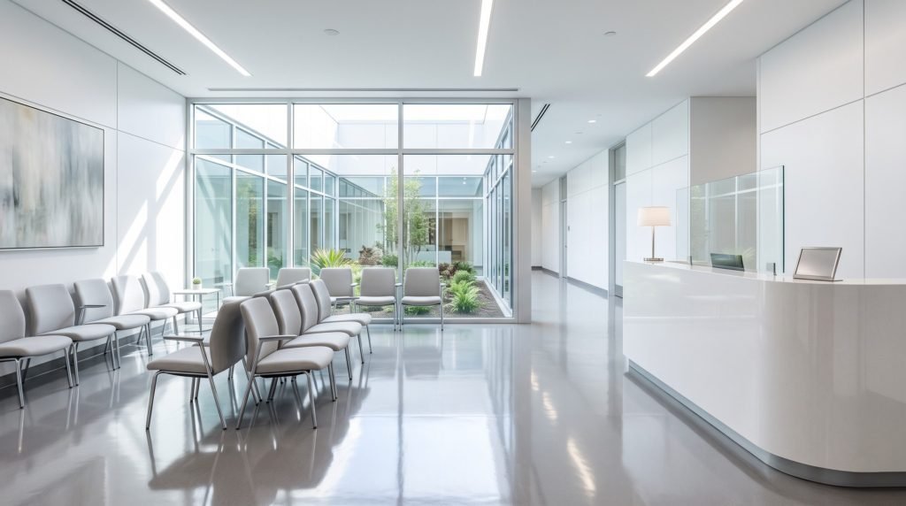 A flawlessly clean, bright, and sterile modern medical clinic waiting room maintained by medical centre cleaning Gold Coast experts