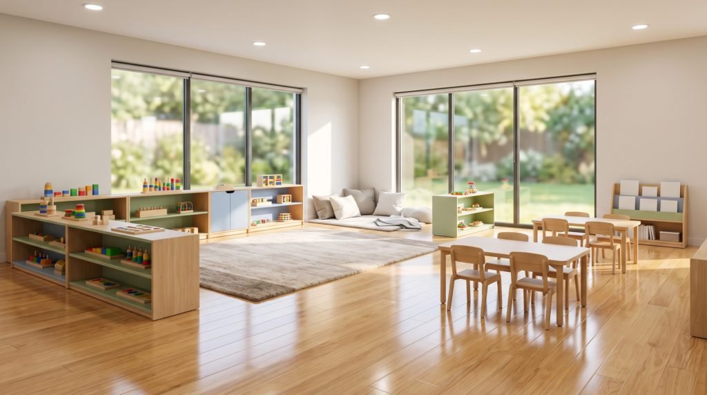 A flawlessly clean, bright, and hygienic modern childcare center playroom maintained by childcare cleaning services Gold Coast experts