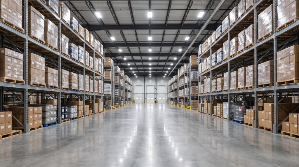 A flawlessly clean, bright, and highly organized modern industrial warehouse maintained by warehouse cleaning Gold Coast experts