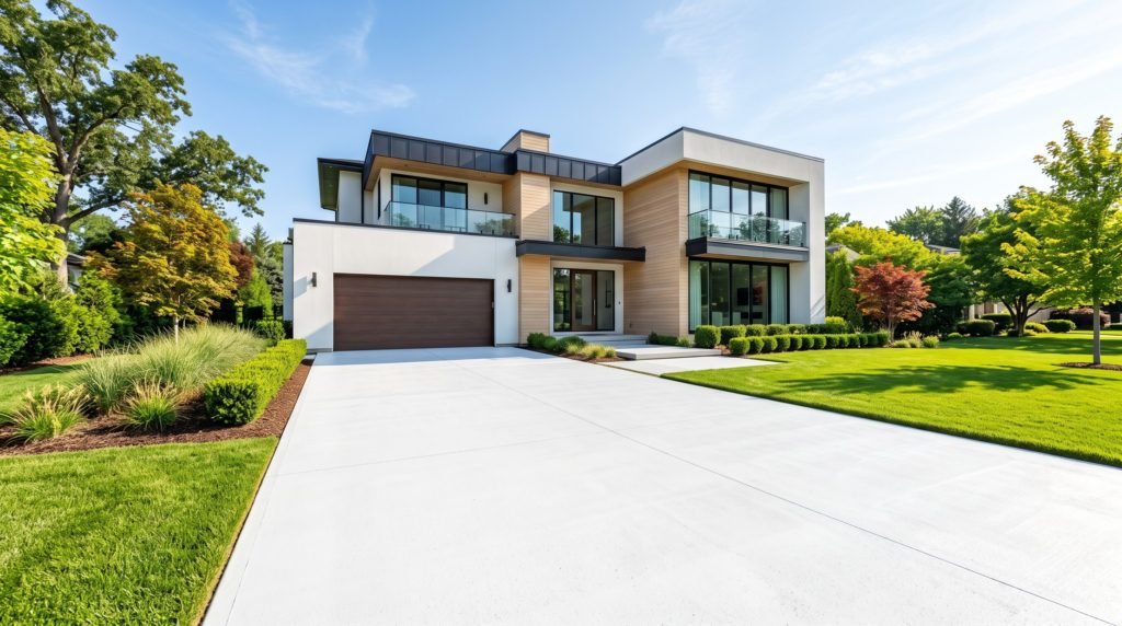 A flawlessly clean, bright concrete driveway and modern house exterior restored by pressure cleaning Gold Coast and Brisbane experts