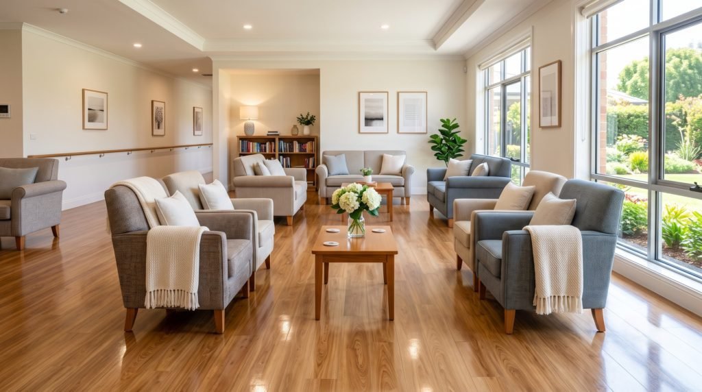 A flawlessly clean, bright, and welcoming modern aged care facility lounge maintained by aged care cleaning Gold Coast and Brisbane experts