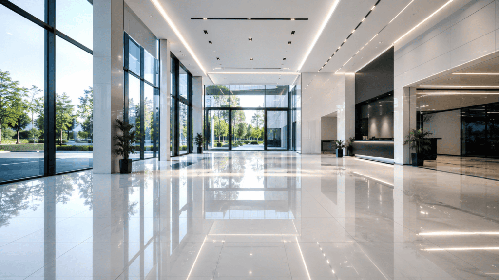 A flawlessly clean, bright, and highly polished modern luxury car dealership showroom maintained by car dealership cleaning Gold Coast and Brisbane experts