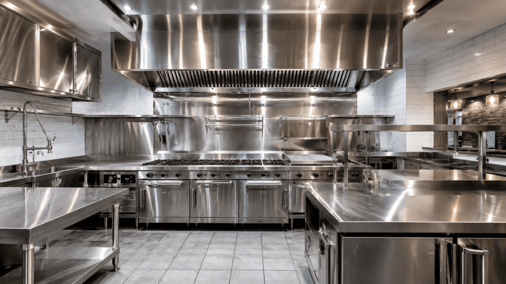 A flawlessly clean, gleaming stainless steel commercial kitchen and exhaust hood maintained by commercial kitchen cleaning Gold Coast and Brisbane experts