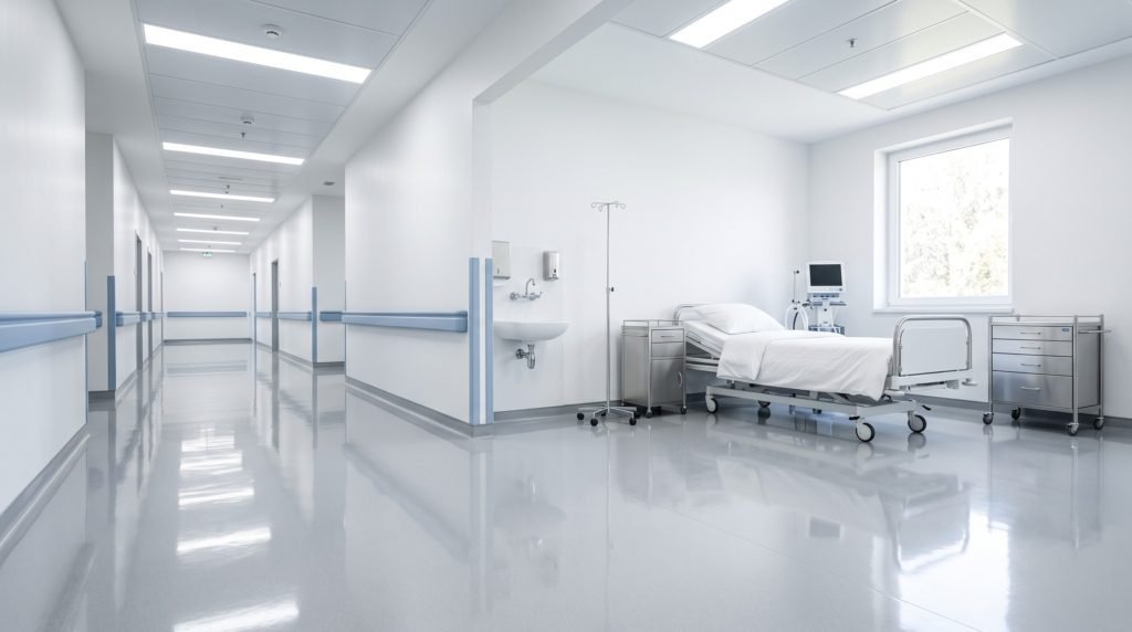 A flawlessly clean, sterile, and highly illuminated modern hospital corridor and patient room maintained by hospital cleaning Gold Coast and Brisbane experts
