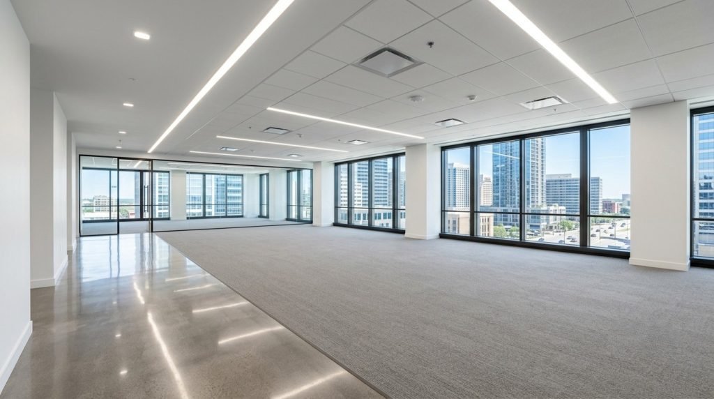 A flawlessly clean, vacant commercial office space restored by commercial end of lease cleaning Gold Coast and Brisbane experts for a successful bond handover