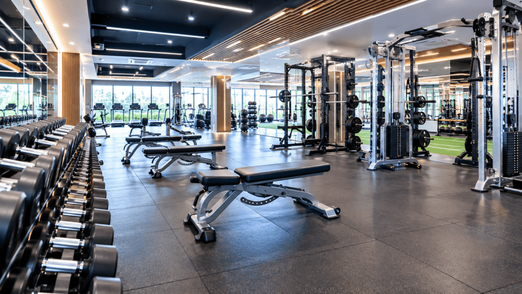 A flawlessly clean, bright, and intensely sanitized commercial gym floor and weight room maintained by commercial gym cleaning Gold Coast and Brisbane experts