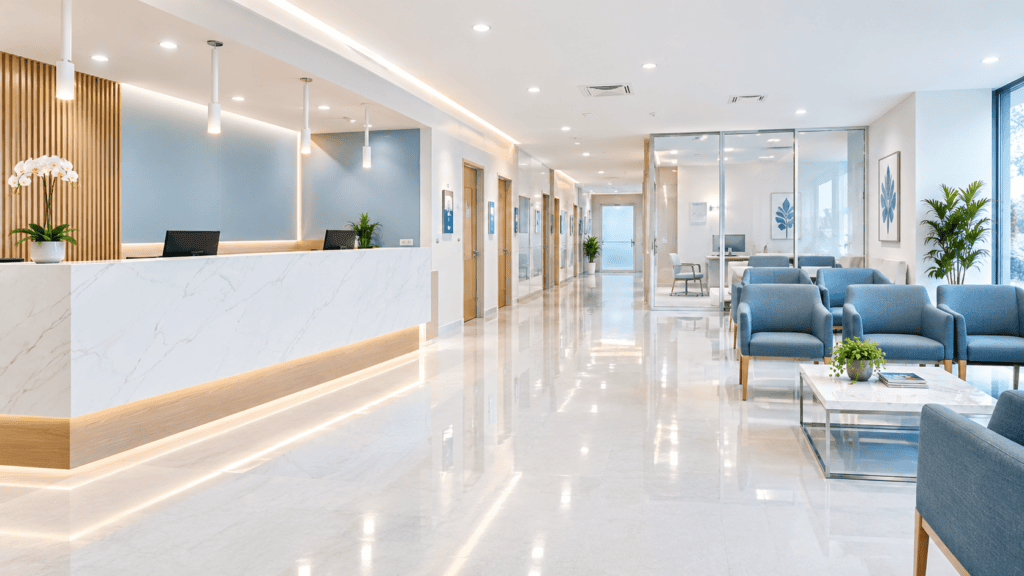 A flawlessly clean, bright, and intensely sterile medical center waiting room and clinical corridor maintained by commercial medical center cleaning Gold Coast and Brisbane experts