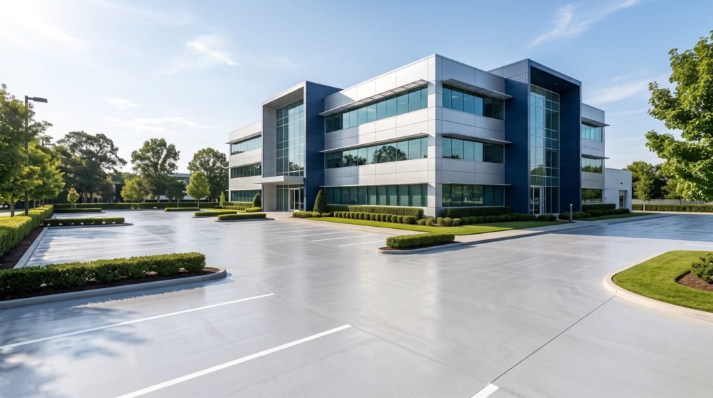 A flawlessly clean, bright, and highly maintained modern commercial building exterior and carpark restored by commercial pressure cleaning Gold Coast and Brisbane experts