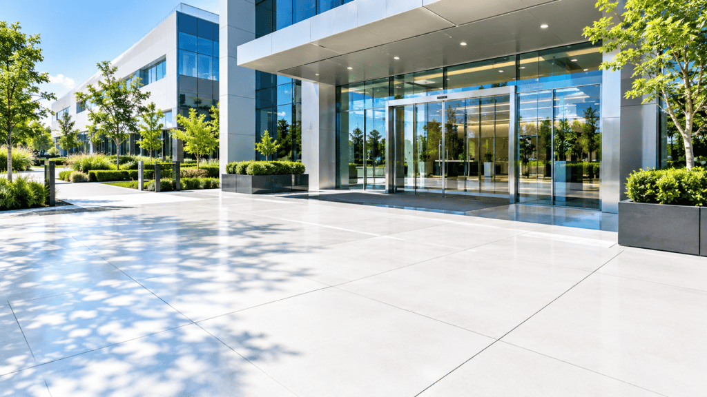 A flawlessly clean, bright, and intensely restored commercial building exterior and concrete walkway maintained by commercial pressure cleaning Gold Coast and Brisbane experts