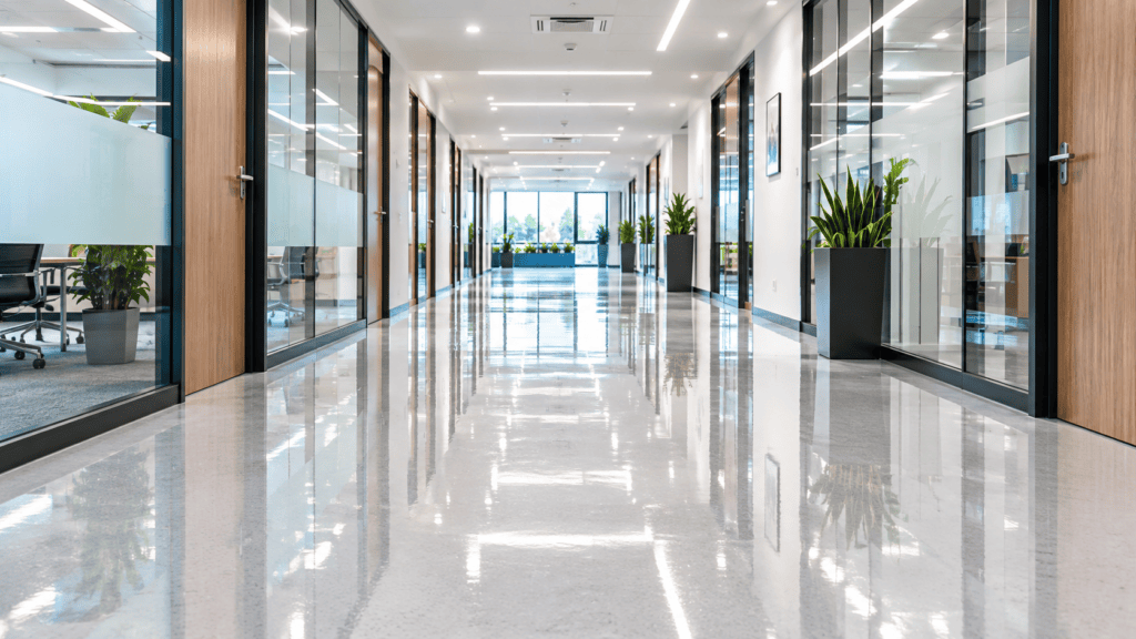 A flawlessly clean, mirror-gloss commercial vinyl floor maintained by commercial vinyl floor stripping and sealing Gold Coast and Brisbane experts