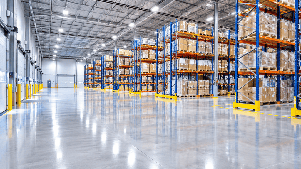 A flawlessly clean, bright, and intensely organized commercial warehouse floor maintained by commercial warehouse cleaning Gold Coast and Brisbane experts
