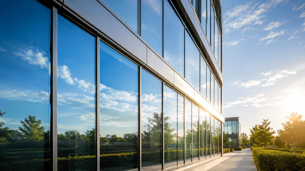 A flawlessly clean, gleaming modern corporate building exterior with streak-free glass maintained by commercial window cleaning Gold Coast and Brisbane experts