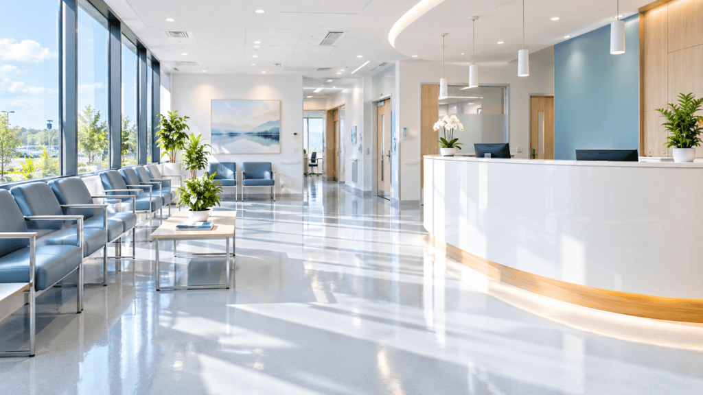 A flawlessly clean, bright, and intensely sanitized modern private medical clinic waiting room maintained by medical centre cleaning Gold Coast and Brisbane experts
