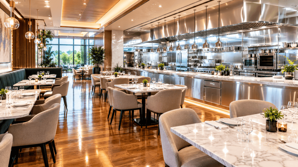 A flawlessly clean, bright, and intensely sanitized modern luxury restaurant dining room and commercial kitchen maintained by restaurant cleaning Gold Coast and Brisbane experts