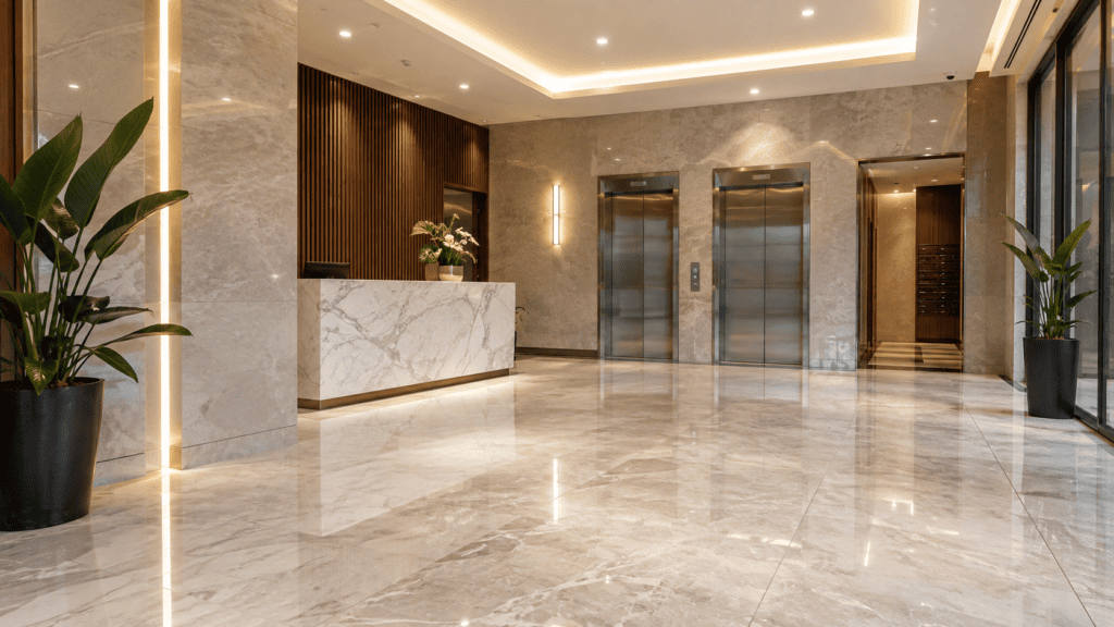 A flawlessly clean, bright, and highly polished luxury apartment building foyer maintained by strata cleaning Gold Coast and Brisbane experts