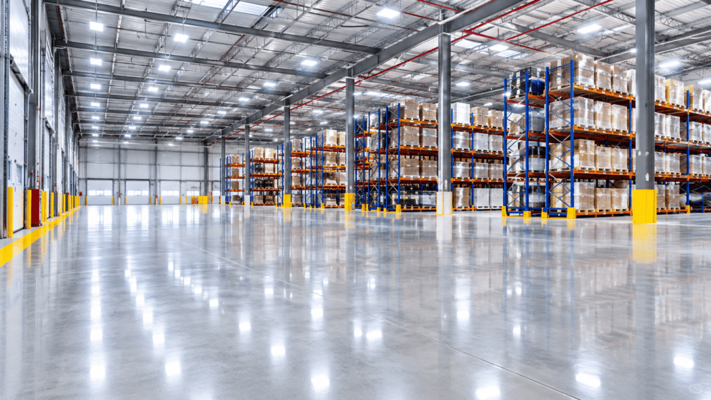 A flawlessly clean, bright, and highly polished modern industrial warehouse floor maintained by warehouse cleaning Gold Coast and Brisbane experts