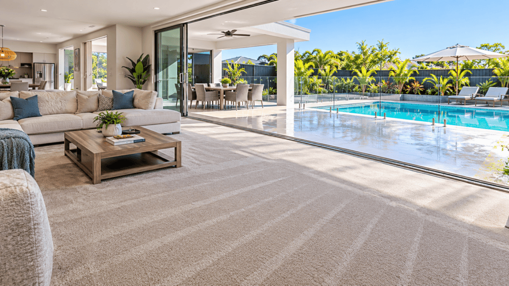 Freshly steam-cleaned living room carpet opening onto a spotless pressure-washed patio by carpet and pressure cleaning Gold Coast and Brisbane pros