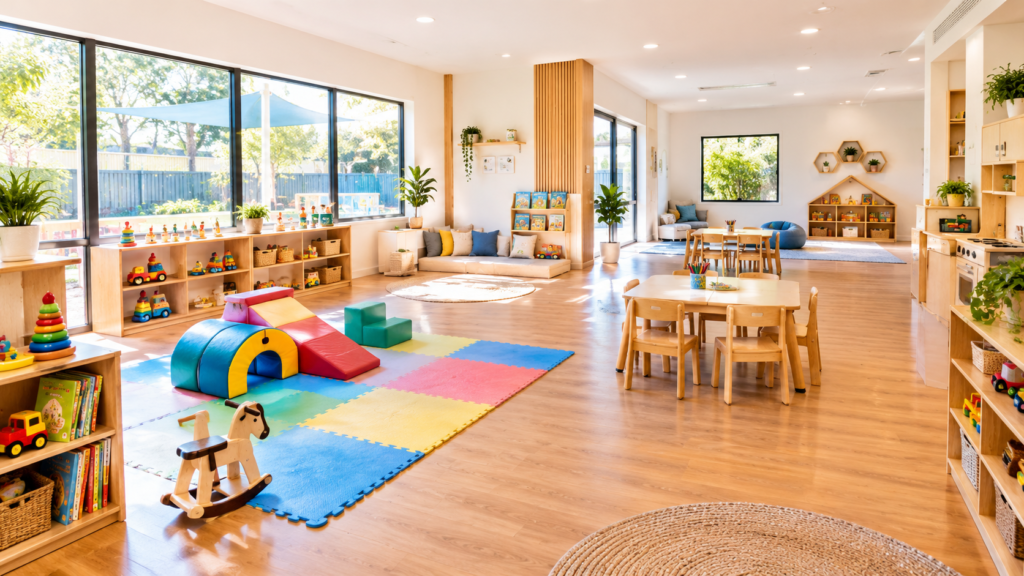 A bright, spotless daycare playroom sanitized by commercial childcare cleaning Gold Coast and Brisbane experts