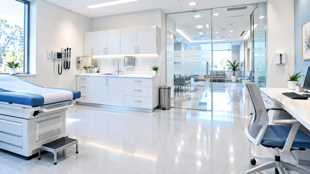 A spotlessly clean, sterile, and intensely sanitized medical center consultation room maintained by commercial medical center cleaning Gold Coast and Brisbane experts