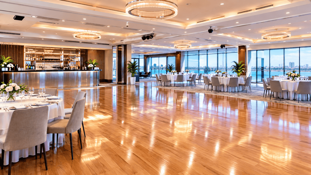 A flawlessly clean, bright, and intensely sanitized commercial party venue and event hall maintained by commercial party venue cleaning Gold Coast and Brisbane experts