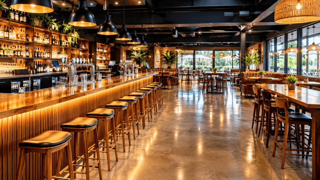 A spotlessly clean, bright, and intensely sanitized commercial pub bar and dining area maintained by commercial pub cleaning Gold Coast and Brisbane experts
