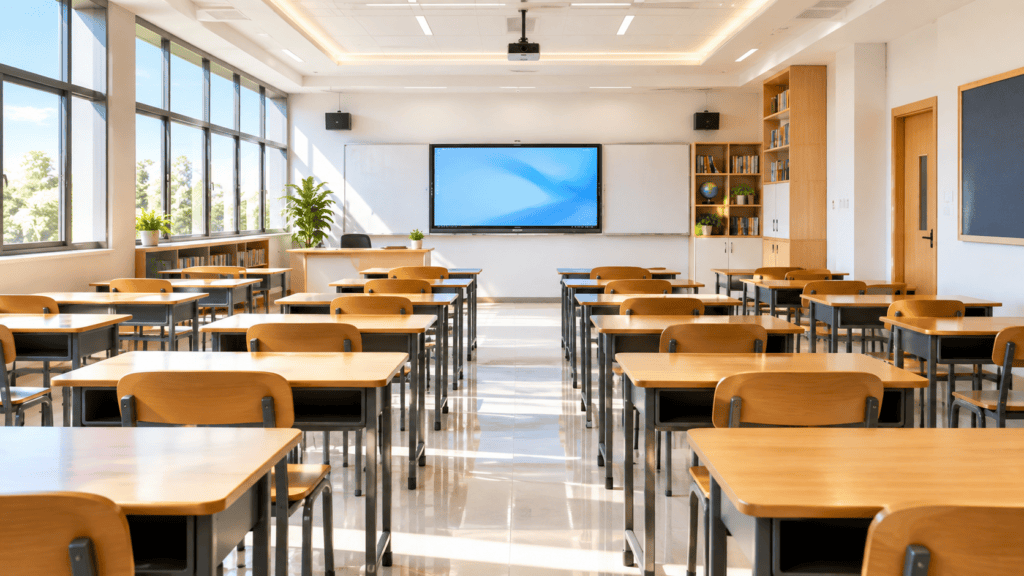 A flawlessly clean, bright, and intensely sanitized modern school classroom maintained by commercial school cleaning Gold Coast and Brisbane experts