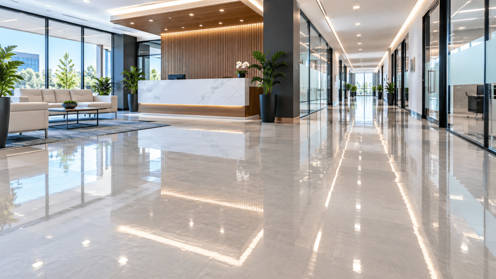 A flawlessly clean, bright, and intensely restored commercial vinyl floor maintained by commercial vinyl floor stripping Gold Coast and Brisbane experts