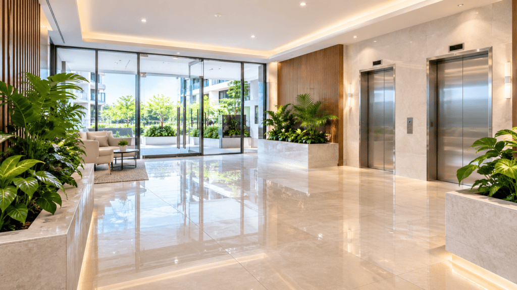 A spotless modern apartment building lobby and elevator entrance maintained by strata cleaning Gold Coast and Brisbane specialists